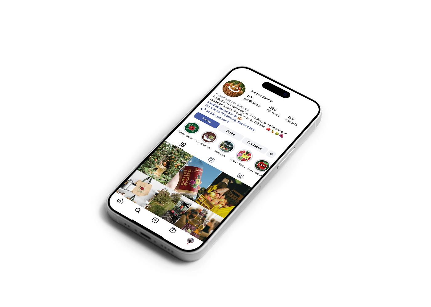 Iphone posé, montrant une page instagram, univers graphique